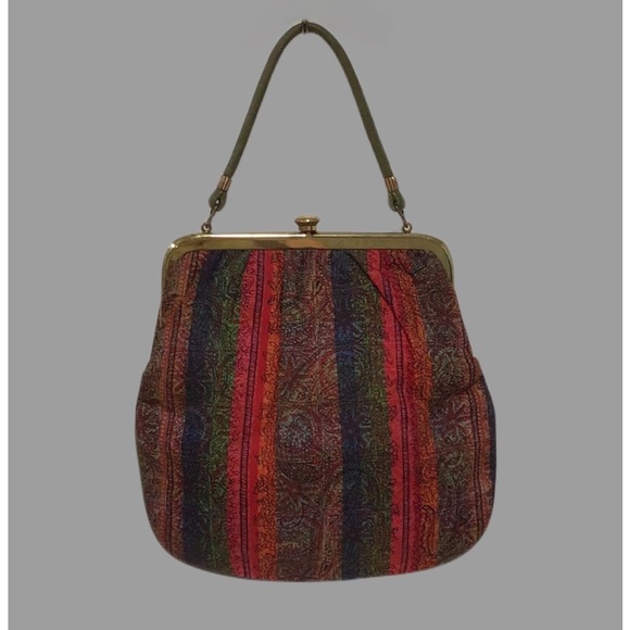 Vintage ROGER VAN S. Frame Kiss Lock Boho Paisley Print Handbag, Leather Handle - Picture 3 of 11
